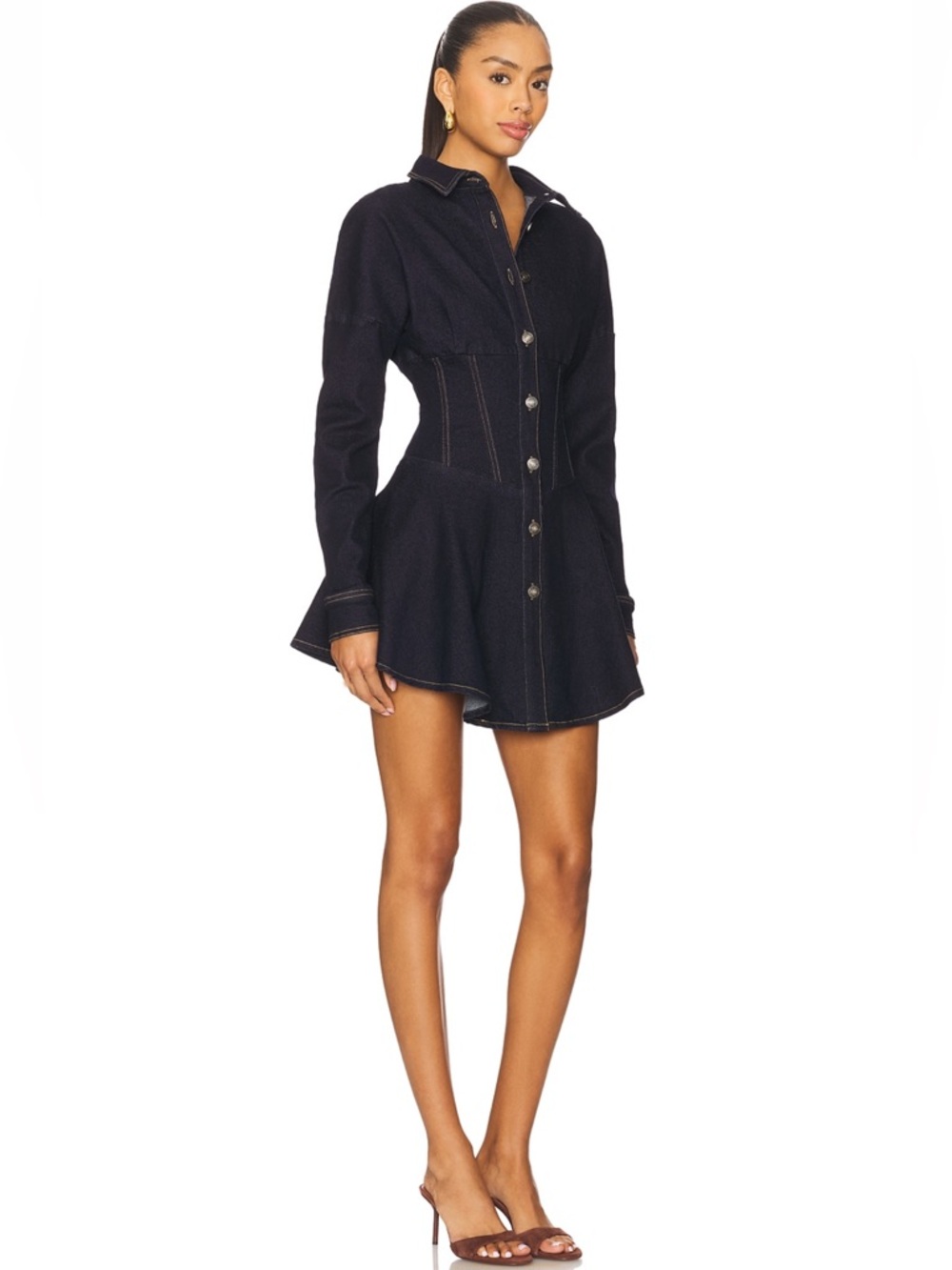 OW Collection Ella Denim Shirt Dress in Dark Wash in Size Small - Picture 2 of 13